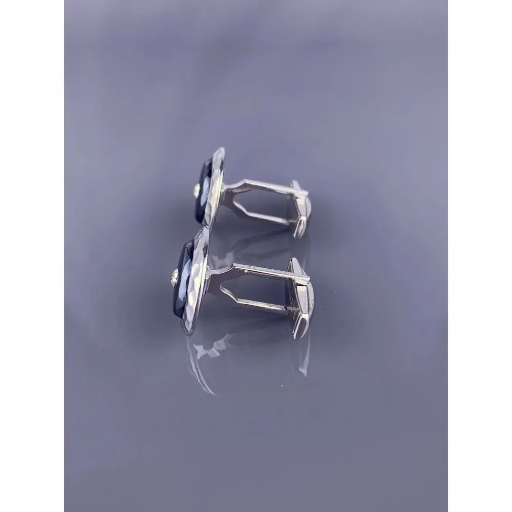 Hematite Rhinestone Silver Tone Cufflinks Hammered Edge Round Vintage